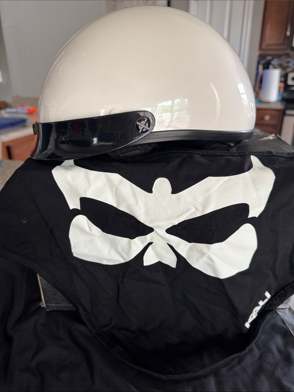 White & Black Motorcycle Half Helmet with Skull Graphic